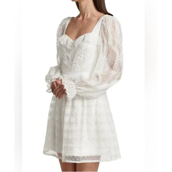 ML Monique Lhuillier White Lace Bishop-Sleeve Mini Dress Sz 0 — Bridal - Picture 1 of 10